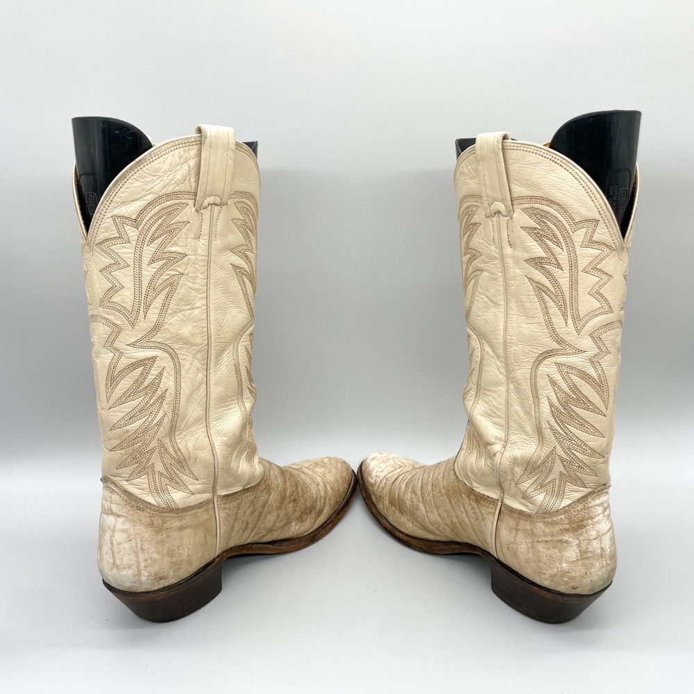 VTG Nocona Mens 9 D Cape Buffalo Bull Neck Leather Western Cowboy Boots Cream - Picture 7 of 15